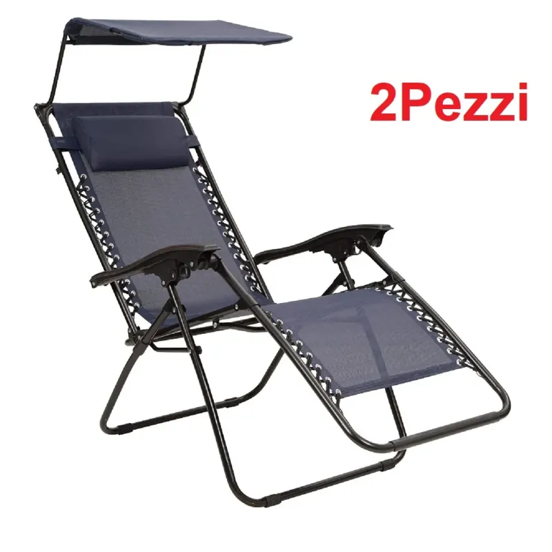 Kit 2 pezzi Sedia Sdraio con Parasole Reclinabile Pieghevole Poggiatesta Blu Occasione Imperdibile