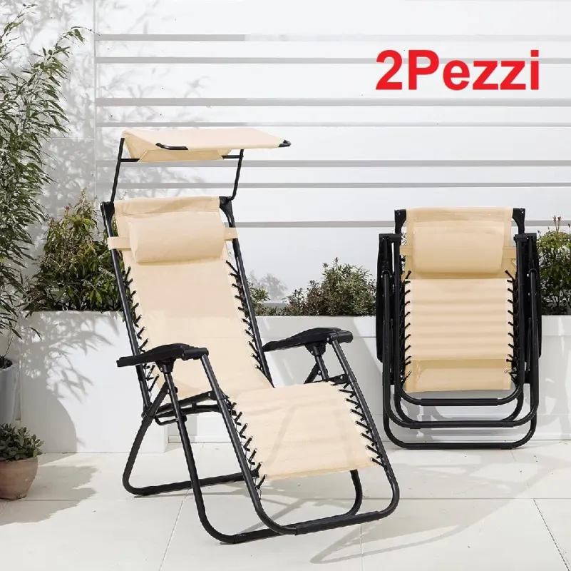 Prezzo Scontato Kit 2 pezzi Sedia Sdraio con Parasole Reclinabile Pieghevole Poggiatesta Crema