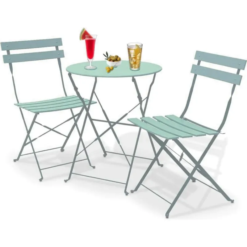 Set 3 Pezzi Giardino Tavolo 2 Sedie Bistrot Verde Acqua Pieghevole Modello Parigi Ultima Occasione