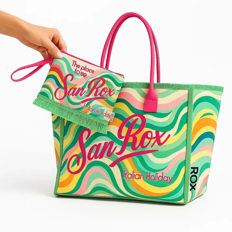 Offerta Limitata Set Borsa e Pochette Mare Design Fantasy con Frange Borsetta Organizer da Mare