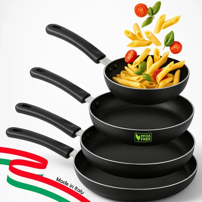 Super Prezzo Set 4 Padelle Vulcano 16-20-24-28 cm Fornello Gas Antiaderente Manici Soft Touch