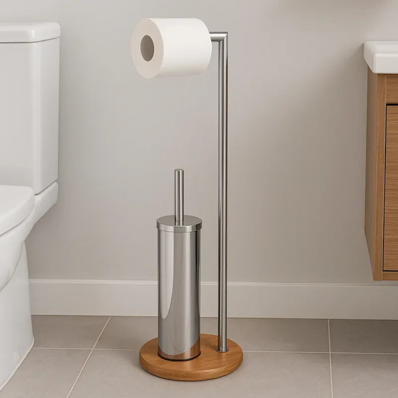 Piantana Portascopino e Portarotolo Bagno Acciaio e Bambù Porta Rotolo e Scopino Promozione Esclusiva