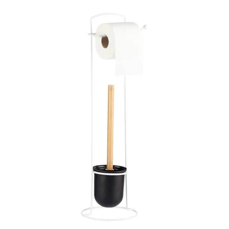 Piantana da Bagno Porta Rotolo Porta Scopino Metallo Bianco e Bambù Salvaspazio Must-Have