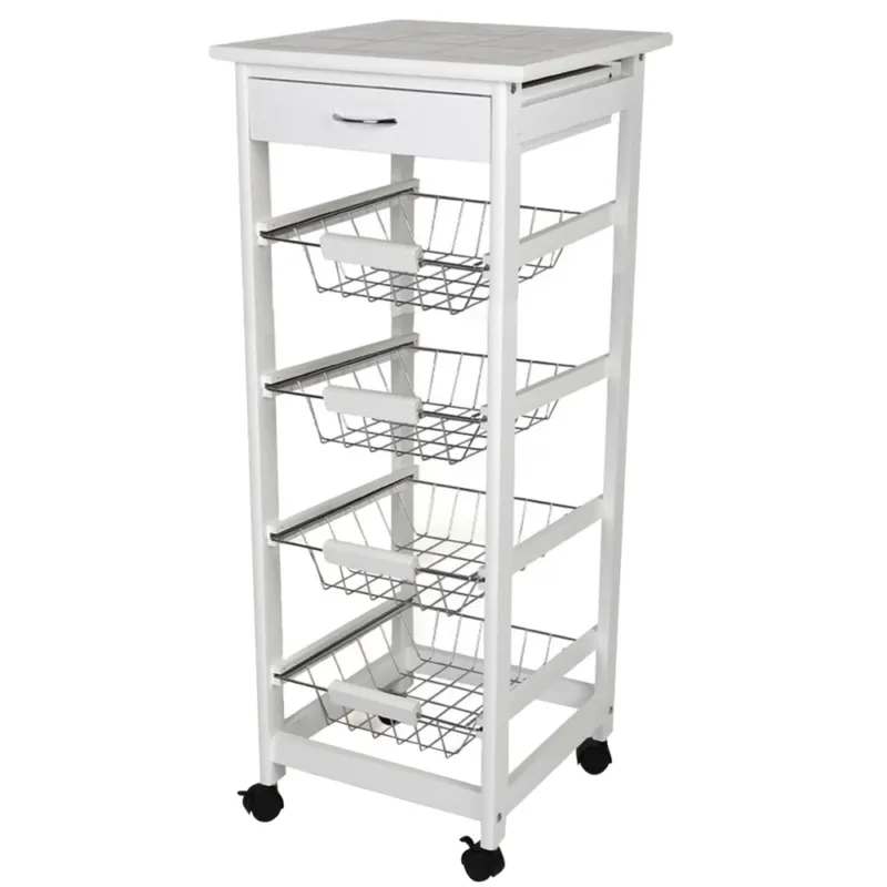 Carrello Cucina legno con Cassetto 4 Cestelli e Ripiano 9 Mattonelle in Ceramica Scelto Dai Clienti