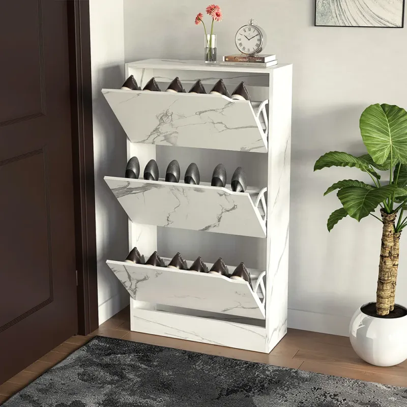 Prezzo Ridotto Scarpiera 3 Ante Ripiani Doppia Profondità Porta Scarpe Bianco Marmo 63x24x115cm