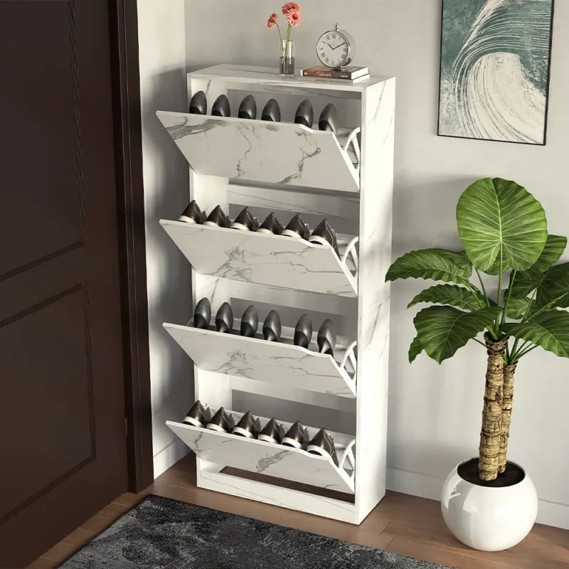 Promo Stagionale Scarpiera 4 Ante Ripiani Doppia Profondità Portascarpe Bianco Marmo 63x24x150 cm