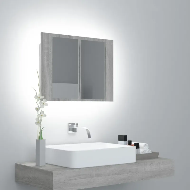 Mobile Specchio LED Grigio Sonoma 60x12x45cm Legno Multistrato Offerta Speciale
