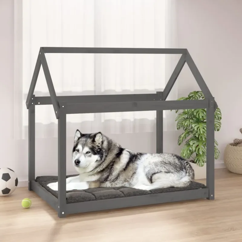 Cuccia per Cani Forma Casa Grigia 111x80x100 cm in Legno Massello di Pino Miglior Prezzo
