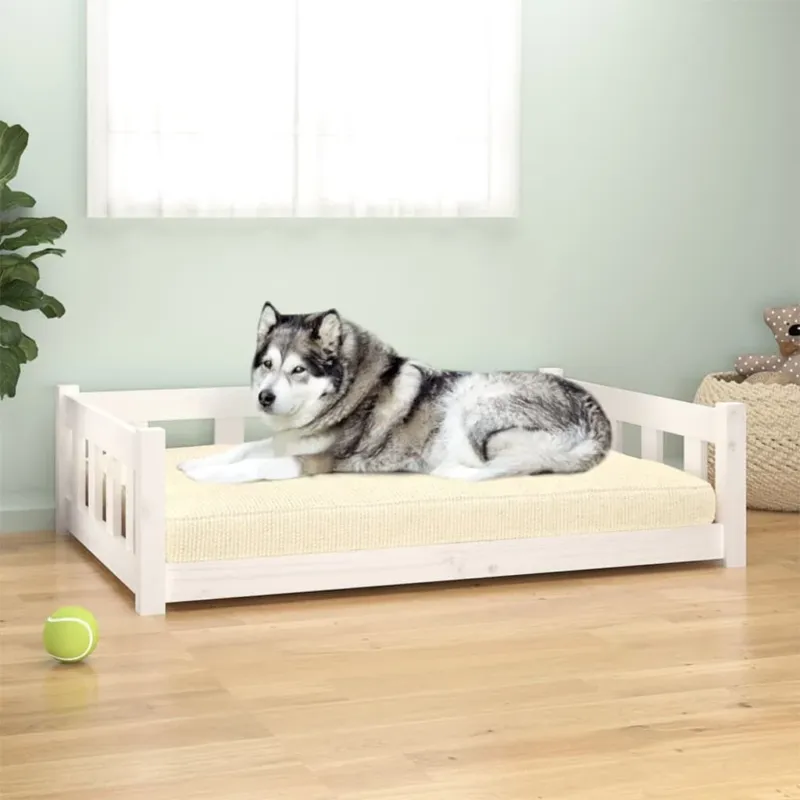 Cuccia per Cani Lettino Bianca 105,5x75,5x28 cm Legno Massello di Pino Promozione Esclusiva