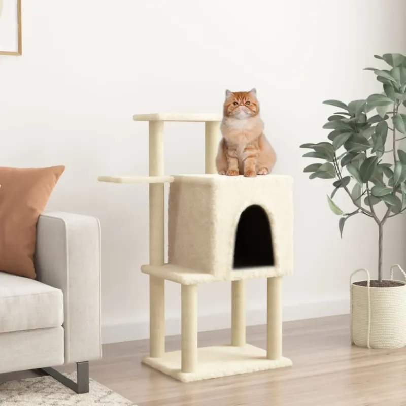 Albero per Gatti con Tiragraffi in Sisal Crema 97 cm in Legno Multistrato Spedito Oggi
