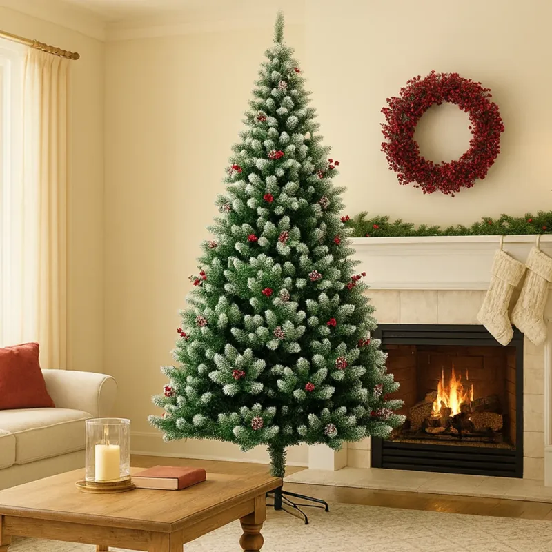 Ultimissimo Modello Albero di Natale Mingerl 180cm con Punte Innevate 800 e Bacche Super Folto