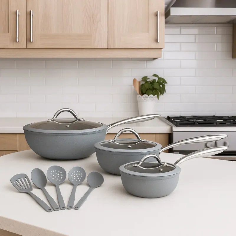 Set Padelle Induzione Pietra Antiaderenti 20/24/28 cm con Coperchi e 5mestoli Grigio Occasione