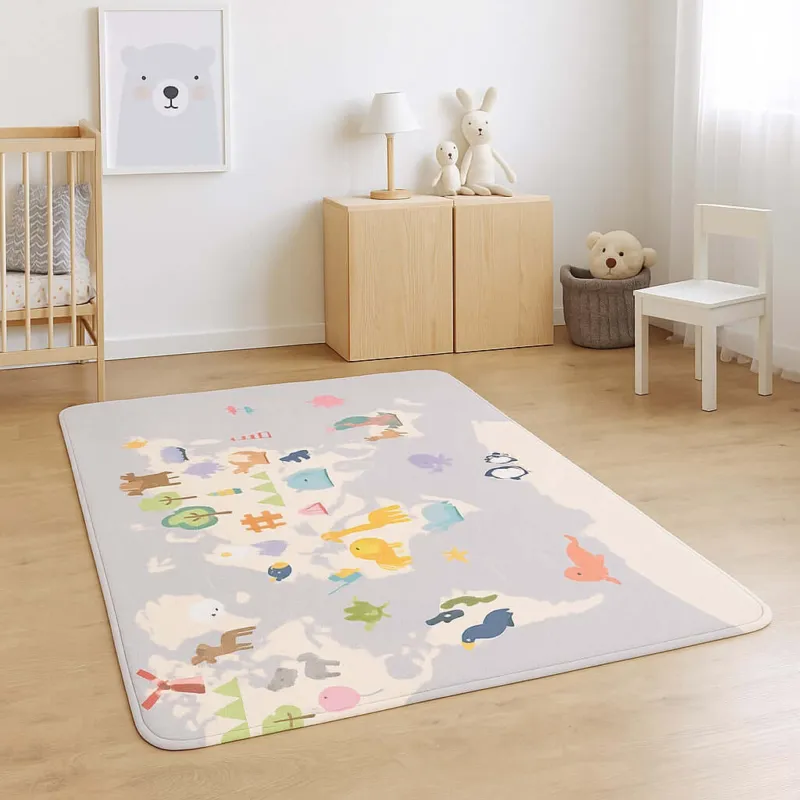 Tappeto Cameretta Bambini 80x140 Grigio Morbido Mondo Animali in Polyestere e Spugna Vendita Finale