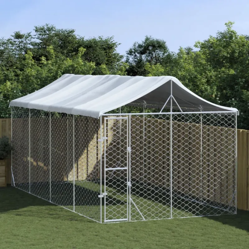 Cuccia per Cani Gati da Esterno Tetto Argento 3x6x2,5 m Acciaio Zincato Pagamento Sicuro