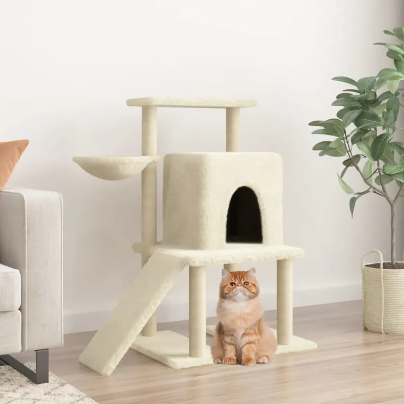 Offerta Lampo Albero per Gatti con Tiragraffi in Sisal Colore Crema in Legno Alto 96,5 cm