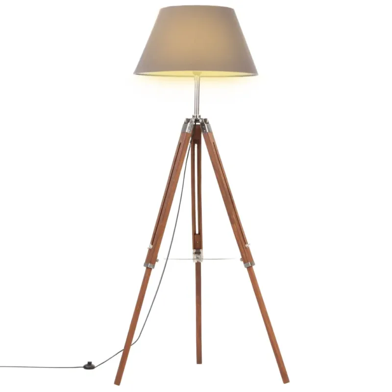 Lampada a Piantana Treppiede Marrone e Grigio in Legno di Teak Altezza 141 cm Nuova Collezione