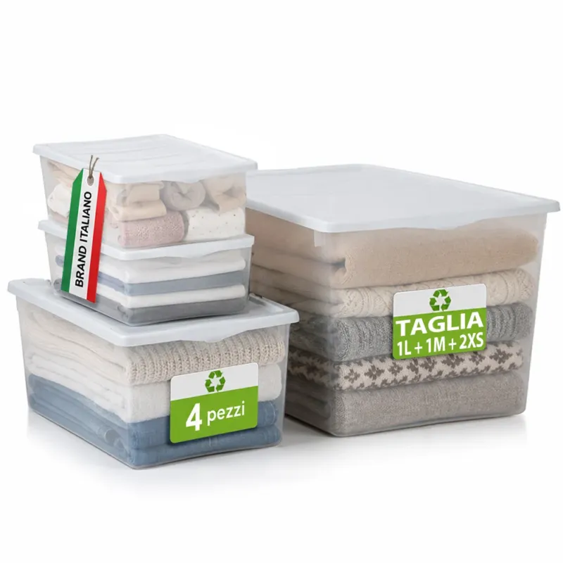 Set 4 Pezzi Spring Box 1L + 1M + 2XS Contenitori Trasparenti e Coperchio Bianco Non Perdere