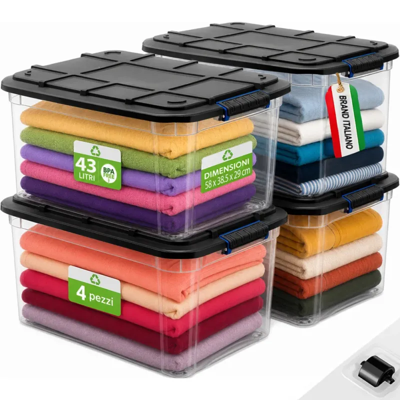 Spedito Oggi Set 4 Pezzi Contenitori con Coperchio Storage Box Solid Cargo 43L 58x38.5x29 cm