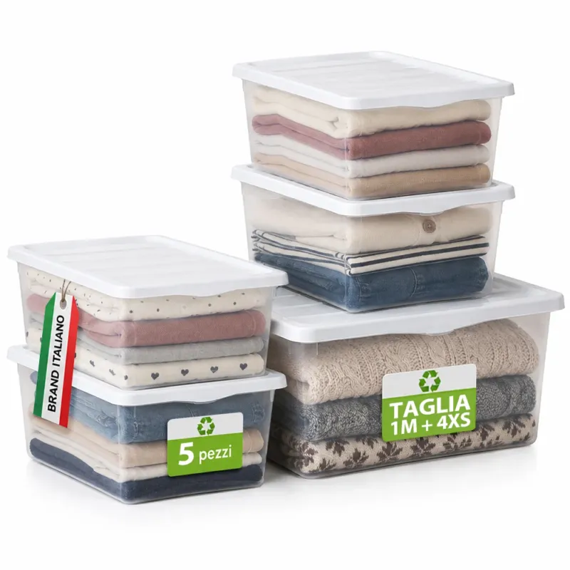 Set 5 Contenitori in Plastica Spring Box 1M + 4XS Coperchio Bianco Portaoggetti Di Tendenza