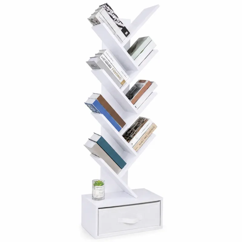 A Buon Prezzo Libreria Design Moderno Bianco Scaffale 10 Ripiani con Cassetto Tessuto