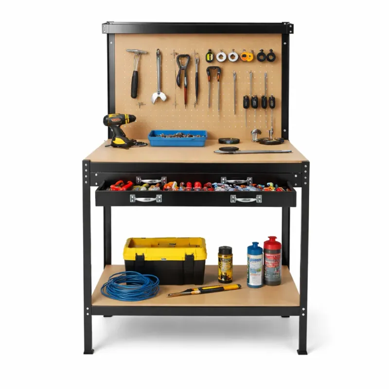 Banco Lavoro Officina Porta Utensili con Cassetto Metallo Verniciato 90x48 H 140cm Popolare
