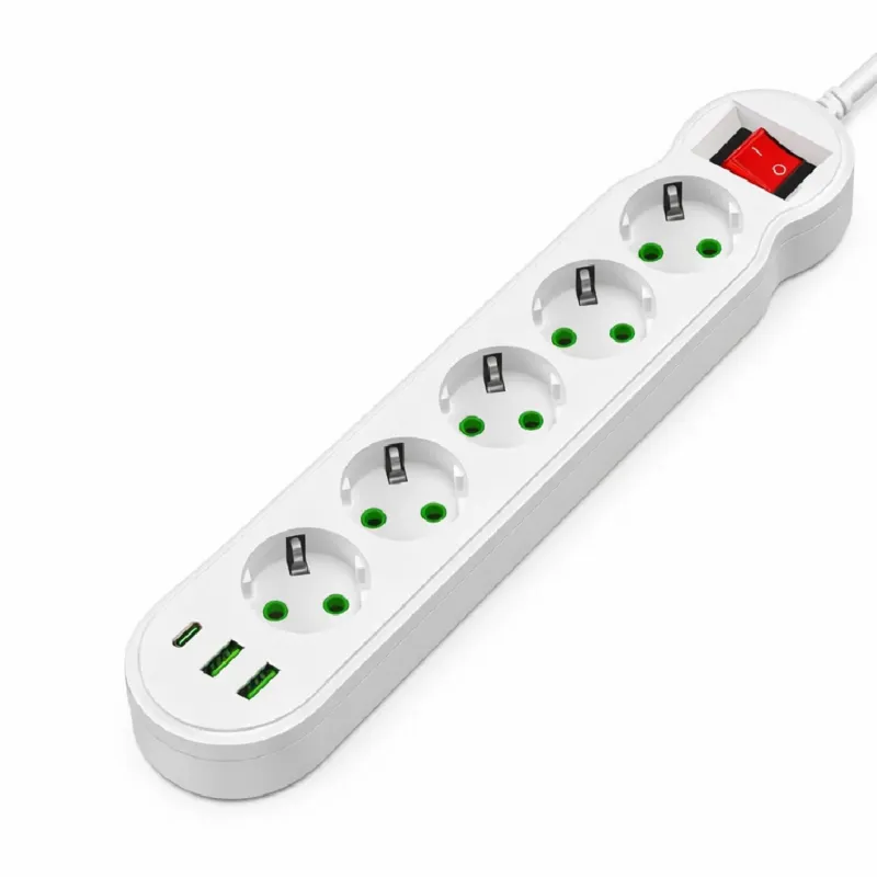 Prezzo Conveniente Ciabatta Multifunzione 5 Prese Schuko 3 USB 2500W con Interruttore Protezione IPX0