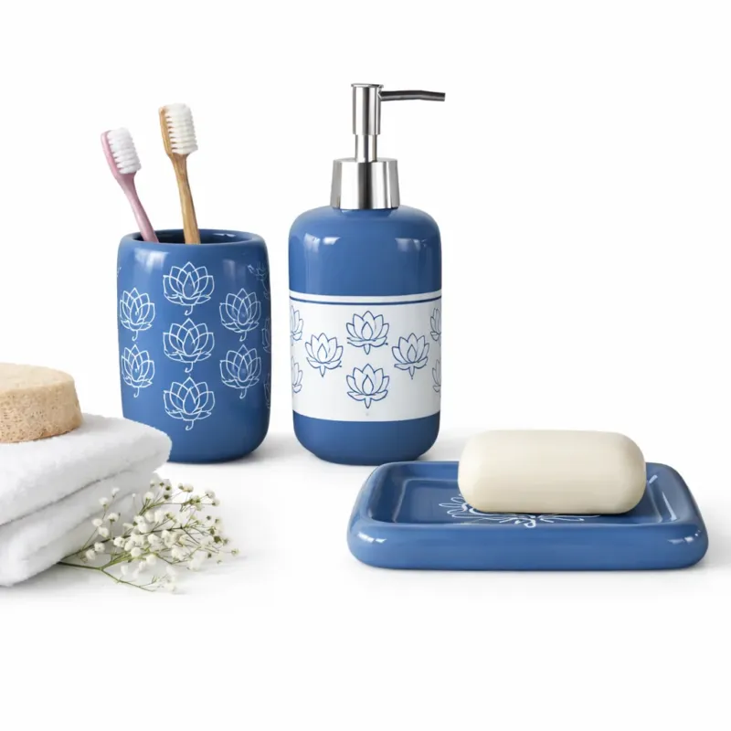 Set Accessori Bagno Ceramica 3 Pezzi Dispenser Sapone Portaspazzolini Blu Subito Disponibile