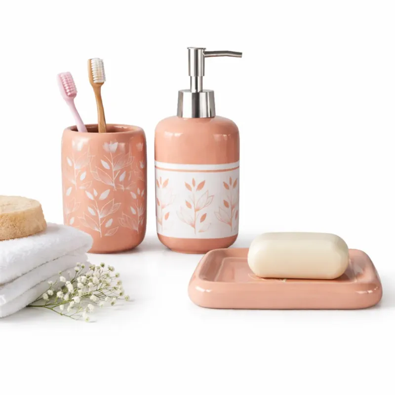 Set Accessori Bagno Ceramica 3 Pezzi Dispenser Sapone Portaspazzolini Rosa Consegna Rapida