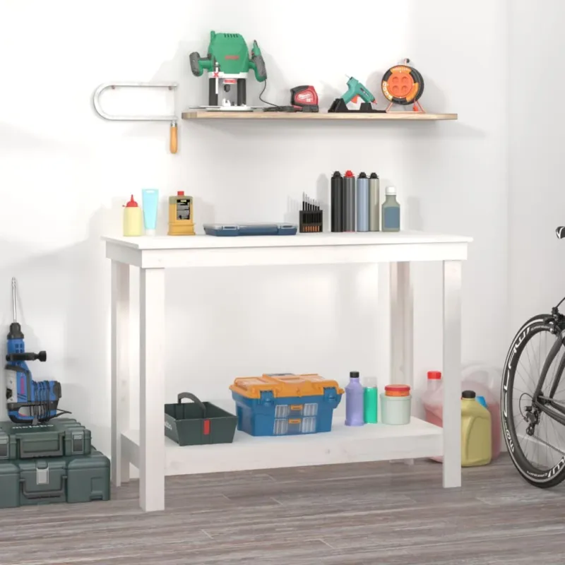 Banco da Lavoro 110x50x80 cm in Legno Massello di Pino Bianco con Ripiano Prezzo Scontato