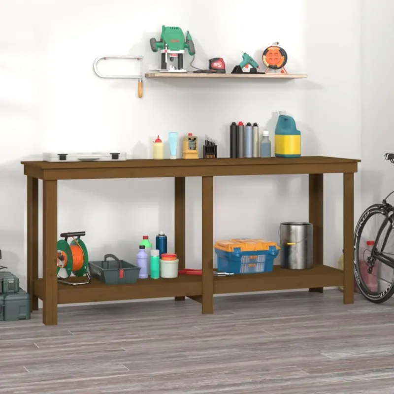 Banco da Lavoro 180x50x80 cm in Legno Massello di Pino Ambra con Ripiani Compra Adesso