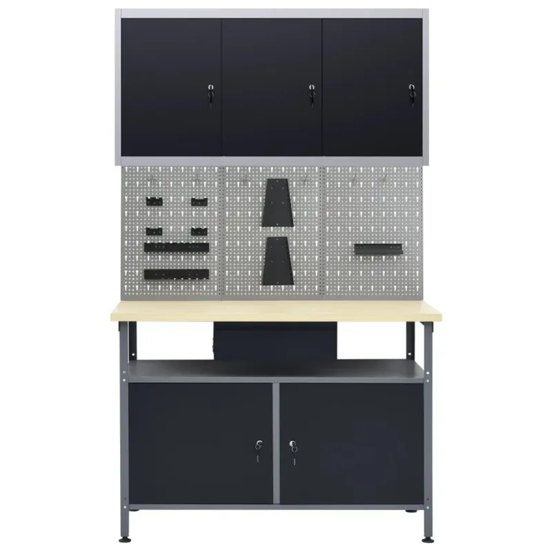 Must-Have Banco da Lavoro 120x60x85 cm Nero con 3 Pannelli e Pensile a 3 Ante 300 kg