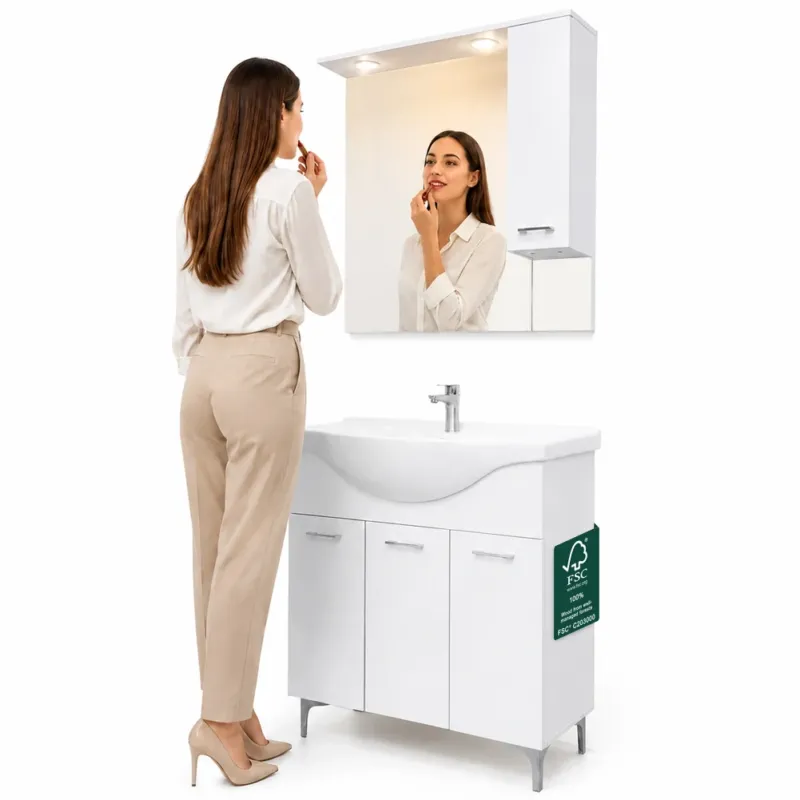 Set Completo Mobile da Bagno da Terra 85 cm Tre Ante Bianco Specchio e Accessori Di Tendenza