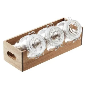 Occasione Imperdibile Portacereali in acacia con jars in vetro, 40x14;5x11 cm