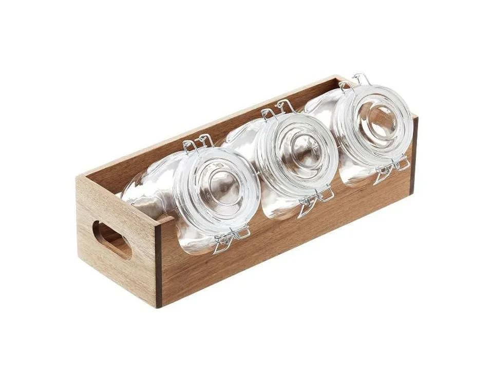Occasione Imperdibile Portacereali in acacia con jars in vetro, 40x14;5x11 cm