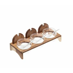 Promo Stagionale Marmellatiera - set con supporto in acacia, tre vasetti in vetro e tre cucchiaini in melamina, 29,5x12,5x5 cm