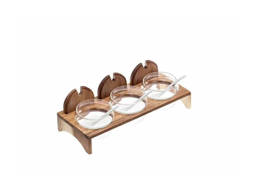 Promo Stagionale Marmellatiera - set con supporto in acacia, tre vasetti in vetro e tre cucchiaini in melamina, 29,5x12,5x5 cm