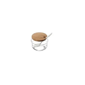 Offerta Del Giorno Set con vasetto in vetro, coperchio in acacia e cucchiaio in melamina, ø8x6 cm