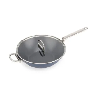 Space, wok blu antiaderente in ceramica con manico pieghevole da 32 cm e coperchio Offerta Del Giorno