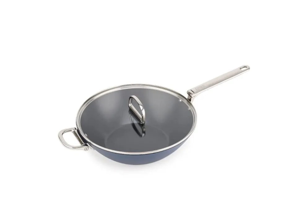 Space, wok blu antiaderente in ceramica con manico pieghevole da 32 cm e coperchio Offerta Del Giorno
