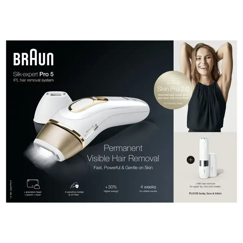 Braun Silk-expert Pro Silk expert Pro 5 PL5159, Epilatore A Luce Pulsata Donna, Per La Rimozione Permanente Dei Peli Visibili A Casa Tua, Bianco/Oro Novità