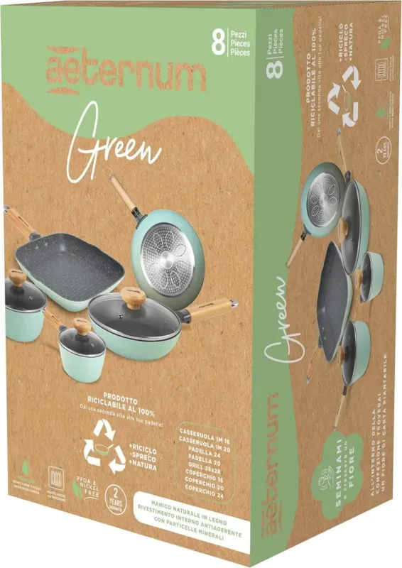 Aeternum Green Induction Wood Batteria 8 Pezzi Padelle Antiaderenti Adatto a Induzione 100% materiali riciclabili Offerta