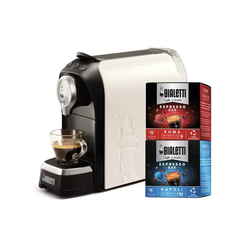Prezzo Conveniente Bialetti Super Macchina da Caffè a Capsule Bundle Super Bianco + 32 caps