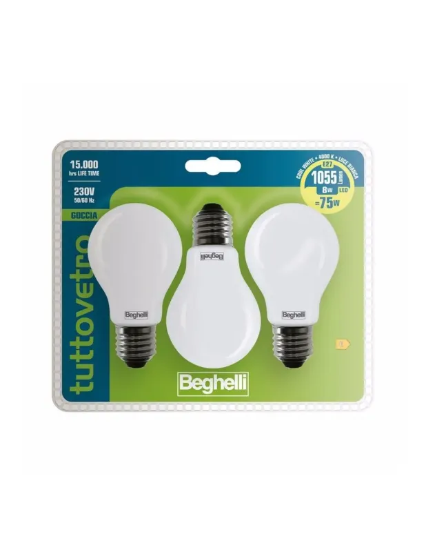 Novità Beghelli Lampadina Led Opale Goccia 8w E27 4000k Multipack 3 Pezzi