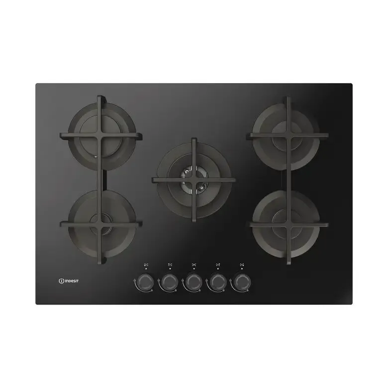 Indesit ING 72T/BK 1 piano gas vetro nero 75cm 5 fuochi bruciatore doppia corona griglie in ghisa lavabili in lavastoviglie Soddisfatti O Rimborsati
