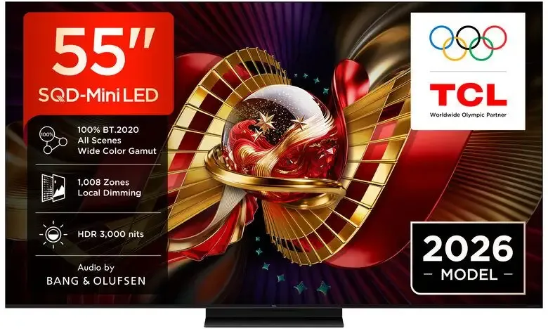 TCL C8L TV 55C8L SQD Mini LED da 55", 4K HDR, 3000 nit, 1.008 zone di dimming, Google TV, 144Hz, Dolby Vision & Atmos, Audio Bang & Olufsen Nuova Collezione