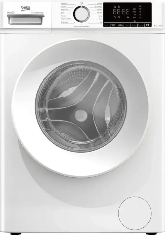 Nuova Collezione Beko b100 BMX8126DW Lavatrice 8kg classe A bianco, inverter 1200 giri, display XL, oblò bianco, vapore
