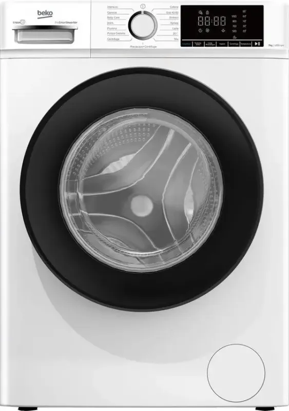 Spedito Oggi Beko b100 BMX7126DB Lavatrice 7kg classe A bianco, inverter 1200 giri, display XL, oblò nero, funzione vapore