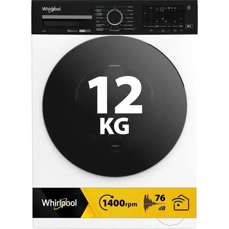 Super Prezzo Whirlpool FRONT LOADER STD, Capacità 12kg, classe A -10%, bianco, Autodose, vapore, porta nera, Wi-Fi