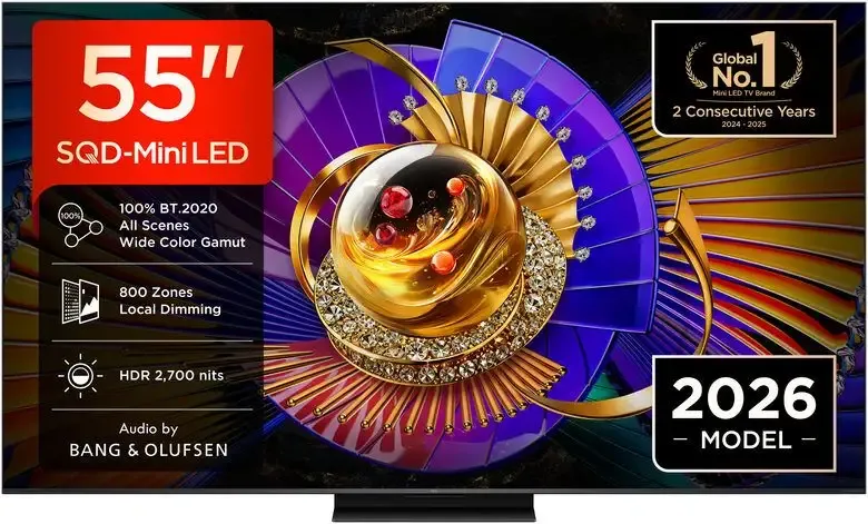 Offerta TCL C7L TV 55C7L SQD‑Mini LED da 55", 4K HDR, 2700 nit, 800 zone di dimming, Google TV, 144Hz, Dolby Vision & Atmos, Audio Bang & Olufsen