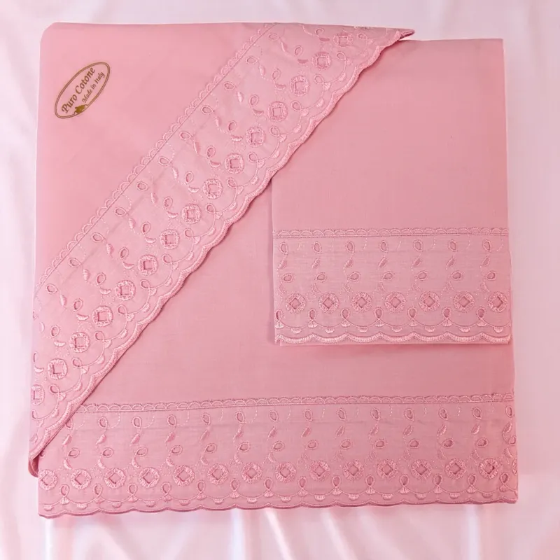 Completo Lenzuola AURORA con pizzo rosa by Carezze Consegna Rapida